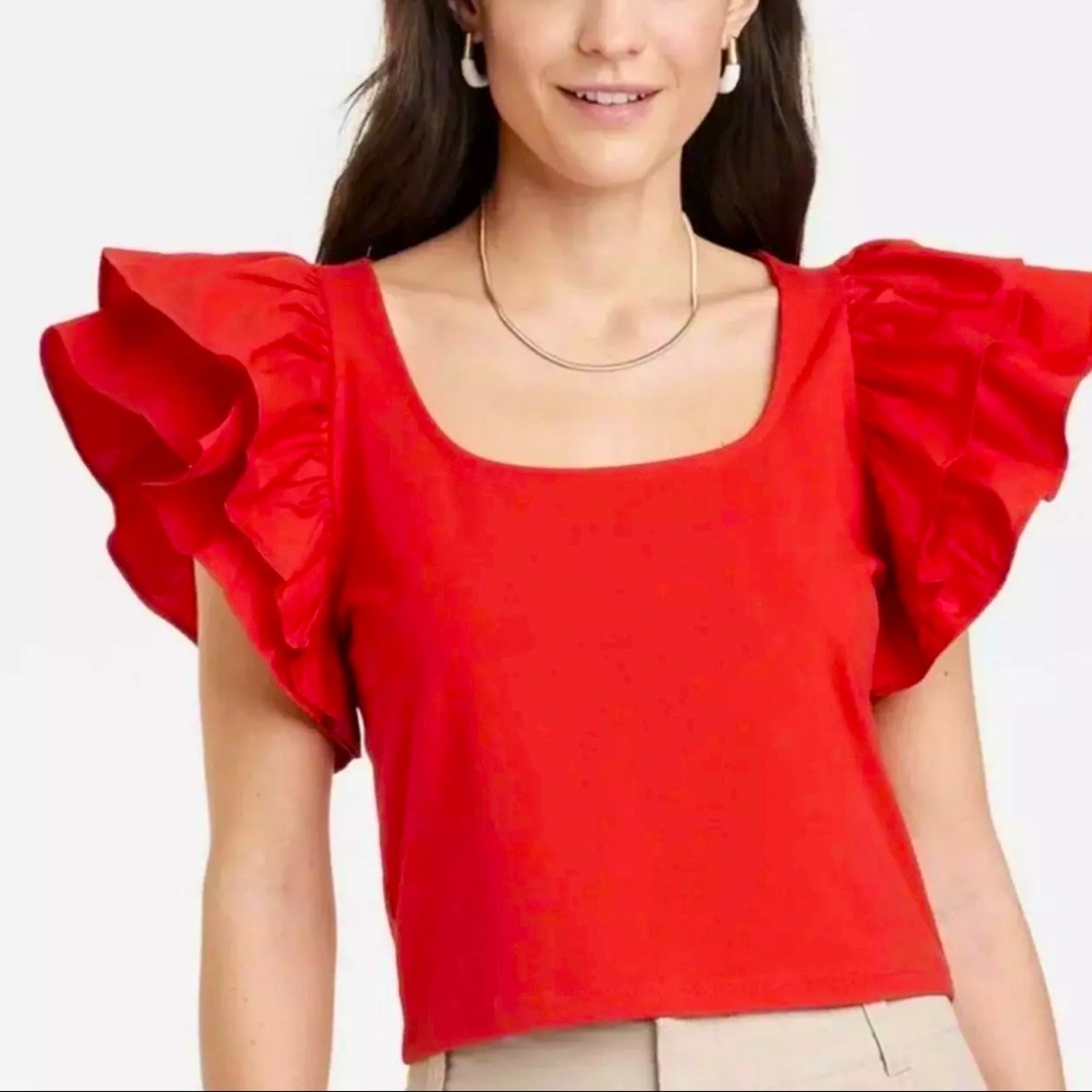 Sz M A New Day - Crop Top Double Flutter Short Sleeve - Slim Fit - Cotton red
